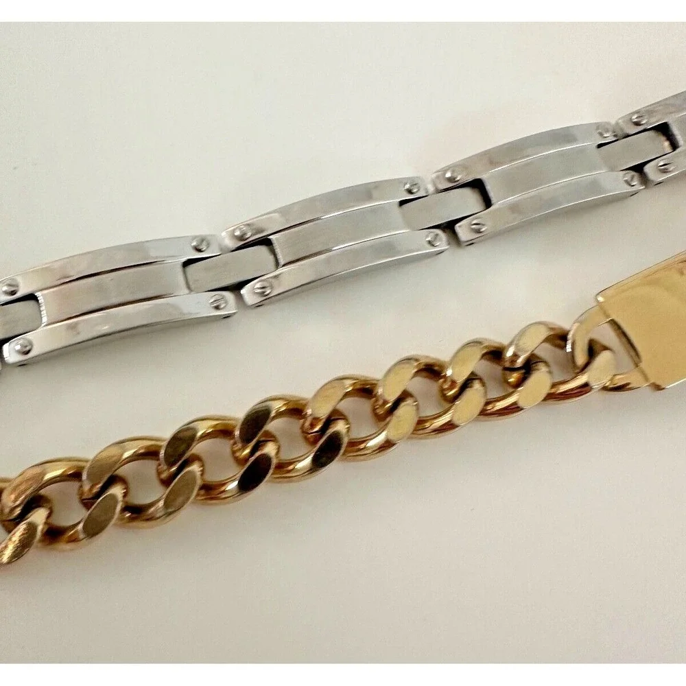 Mens Speidel ID Bracelet Nic Gold Tone Curb Link Stainless Steel Links Set 2